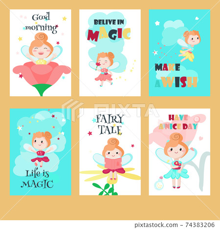 Vector set of cards with cute little fairies 74383206