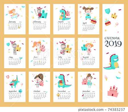 2019 calendar vector template with princess, knight, dragon 2019 calendar vector template with princess, knight, dragon 74383237