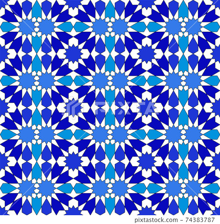 Seamless geometric ornament based on traditional islamic art. Blue and white colors. 74383787