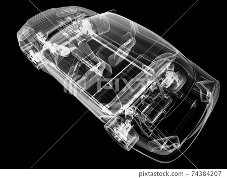 X-ray of electric car with chassis. 3D illustration X-ray of electric car with chassis. 3D illustration 74384207