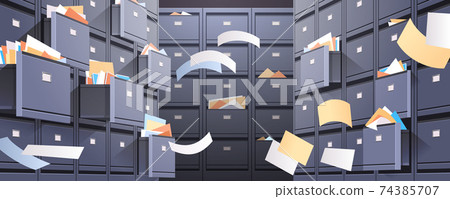 office wall of filing cabinet with open card catalog and flying documents data archive storage business administration 74385707