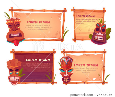 Sign boards with bamboo frames and tiki masks Sign boards with bamboo frames and tiki masks 74385956
