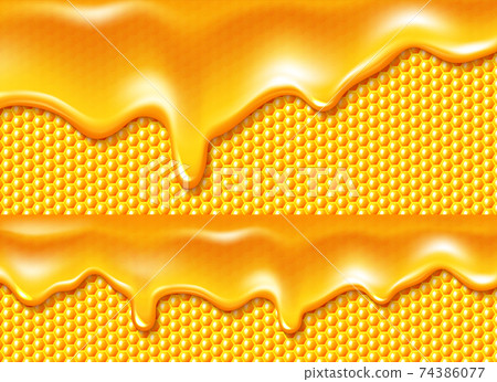 Honey dripping at bee honeycombs background 3d 74386077