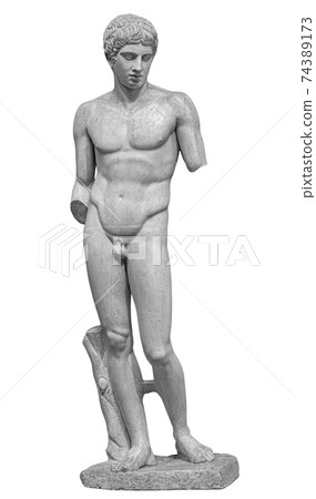 Ancient white marble full length sculpture of naked young man. Antique classic statue of youngster isolated on white. Stone figure of teenager 74389173