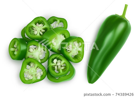 jalapeno peppers isolated on white background. Green chili pepper with clipping path. Top view. Flat lay 74389426