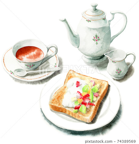 Toast and tea set with analog watercolor fruit Toast and tea set with analog watercolor fruit 74389569