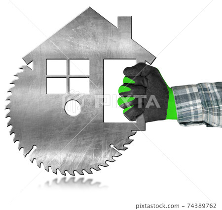 Carpenter Using Electric Circular Saw in the Shape of a Metal Model House 74389762