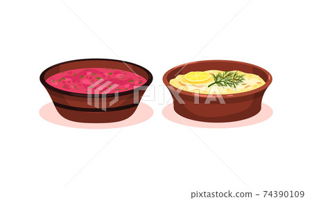Soups Served in Ceramic Bowl and Garnished with Potherb Vector Set 74390109