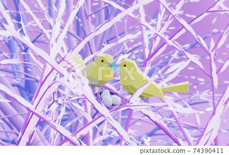 two beautiful lovers low poly birds sitting on a branch with nest in fairy forest, male feeds female with butterfly, care and love concept, 3d render 74390411