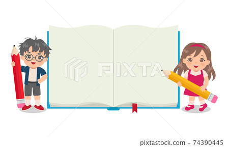 Cute boy and girl holding a big pencil with blank book template. Back to school concept. Flat vector design. Cute boy and girl holding a big pencil with blank book template. Back to school concept. Flat vector design. 74390445