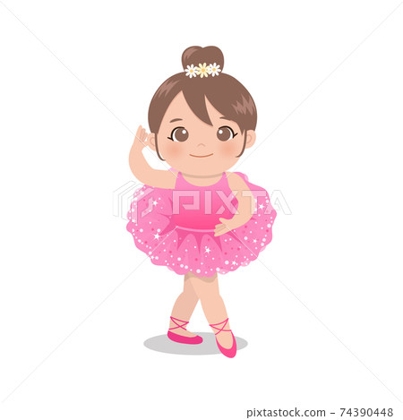 Cute pink ballerina girl dancing with tutu glitter dress. Flat vector isolated. 74390448