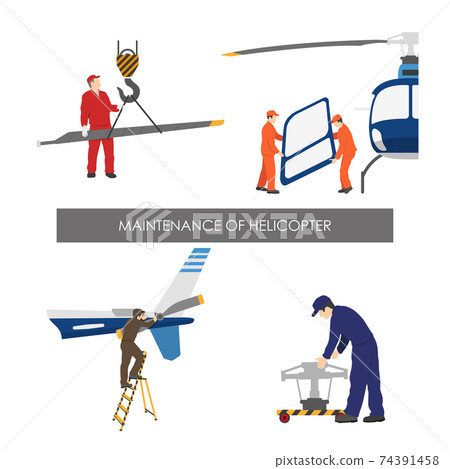 Airplane service. Repair and maintenance of helicopter. Helicopter parts in flat style on white background 74391458