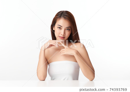 Beautiful young asian woman with clean fresh skin on white background, Face care, Facial treatment, 74393769