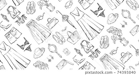 婦女的春夏時尚物品的線條藝術。無縫模式。 婦女的春夏時尚物品的線條藝術。無縫模式。 74393840