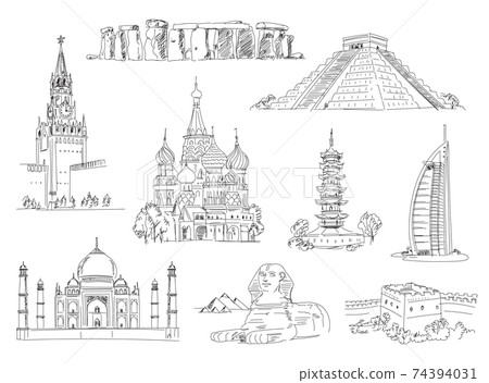 Attractions of the world. Freehand drawing. Vector illustration. Isolated on white background Attractions of the world. Freehand drawing. Vector illustration. Isolated on white background 74394031