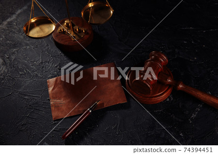 Notary public tools. Law concept with scales, pen, envelope and gavel Notary public tools. Law concept with scales, pen, envelope and gavel 74394451