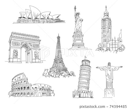 Attractions of the world. Freehand drawing. Vector illustration. Isolated on white background 74394485