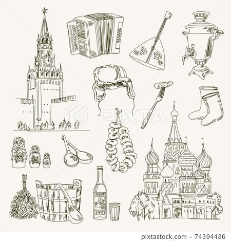 Freehand drawing Russia items on a sheet of exercise book. Moscow Kremlin. Saint Basil's Cathedral. Vector illustration. Isolated on white background 74394486