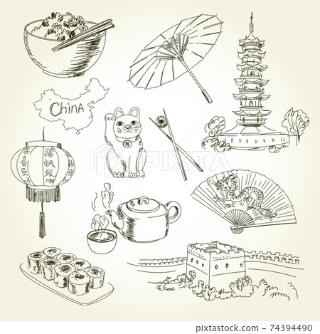Freehand drawing China items on a sheet of exercise book. Longhua Temple - China Tours. Great Wall of China. Vector illustration. Isolated on white background Freehand drawing China items on a sheet of exercise book. Longhua Temple - China Tours. Great Wall of China. Vector illustration. Isolated on white background 74394490