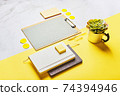 Desktop with clipboard mockup and office supplies. 74394946