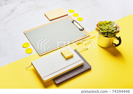Desktop with clipboard mockup and office supplies. Desktop with clipboard mockup and office supplies. 74394946