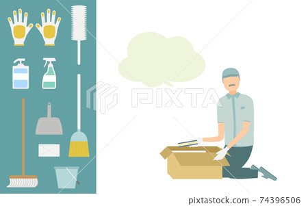 Illustration set of clean staff and cleaning goods, whole body Illustration set of clean staff and cleaning goods, whole body 74396506