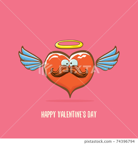 Vector Valentines day greeting card with funny cartoon pink heart character with wings and holy angel golden nimbus isolated on pink background. Conceptual valentines day comic funky kids poster 74396794
