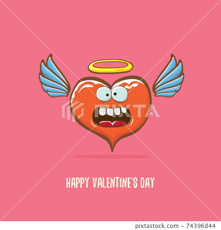Vector Valentines day greeting card with funny cartoon pink heart character with wings and holy angel golden nimbus isolated on pink background. Conceptual valentines day comic funky kids poster Vector Valentines day greeting card with funny cartoon pink heart character with wings and holy angel golden nimbus isolated on pink background. Conceptual valentines day comic funky kids poster 74396844