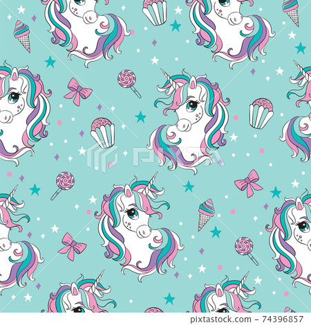 Magic seamless pattern with heads of unicorns and sweets 74396857