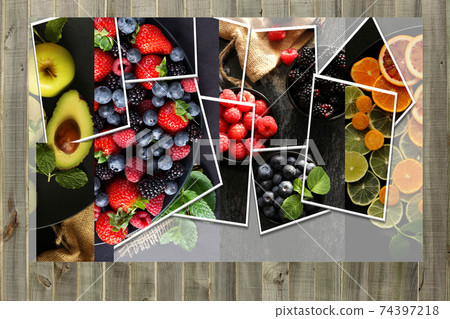 Collage from photos of fruits and berries on wooden background. Collage from photos of fruits and berries on wooden background. 74397218
