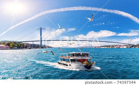 The ship is sailing on the Bosphorus with many seagulls around it, Istanbul 74397344