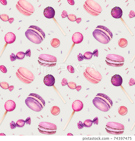 Seamless pattern with watercolor colorful macaroons isolated on gray background. 74397475