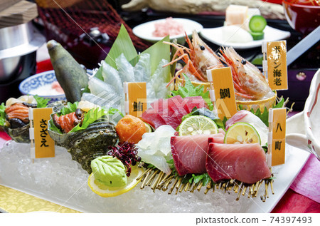 Sashimi Tuna Hamachi Shrimp Sea Bream Sazae Sashimi Sashimi Tuna Hamachi Shrimp Sea Bream Sazae Sashimi 74397493