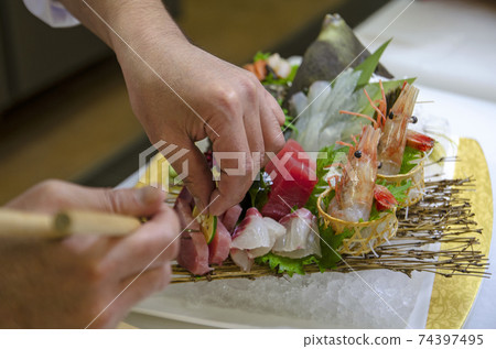 Sashimi Tuna Hamachi Shrimp Sea Bream Sazae Sashimi 74397495