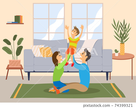 Parents throwing son and Catching, Mother, father and kid flat cartoon vector illustration 74399321