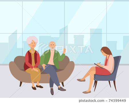 Psychiatrist consultation. Worried old pensioner couple man and woman on psychologist session 74399449