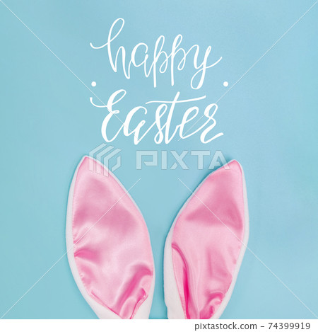 Decorative pink bunny ears on blue background Decorative pink bunny ears on blue background 74399919
