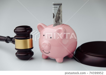 Judge gavel and pink piggy bank with dollar bill. Loan and finance concept 74399952