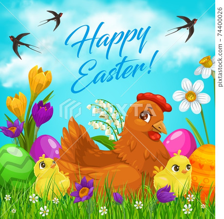 Easter eggs and chicks on green grass Easter eggs and chicks on green grass 74400026