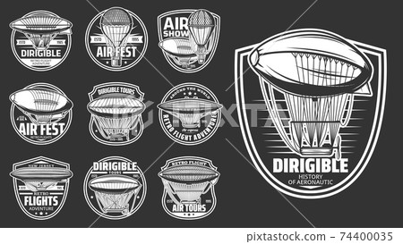 Air flight, dirigible retro airship balloons icons 74400035