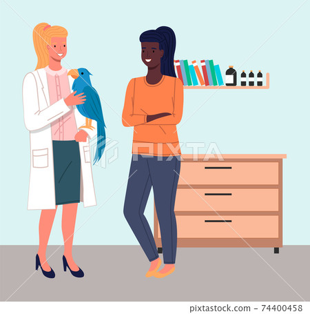 Veterinary care flat illustration. Veterinarian wooman meet girl with parrot in the medical office Veterinary care flat illustration. Veterinarian wooman meet girl with parrot in the medical office 74400458
