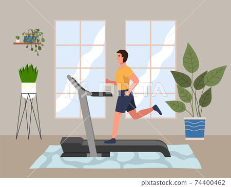 A sporty man is engaged in a hall on the treadmill. Running, playing sports. Cardio workout A sporty man is engaged in a hall on the treadmill. Running, playing sports. Cardio workout 74400462