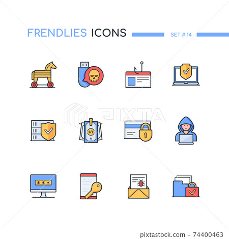 Computer attacks - colorful line design style icons Computer attacks - colorful line design style icons 74400463