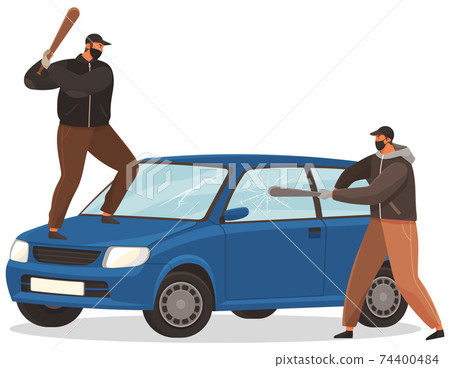 Two young vandals destroy the car. Bandits characters in masks hit automobile with baseball bats Two young vandals destroy the car. Bandits characters in masks hit automobile with baseball bats 74400484