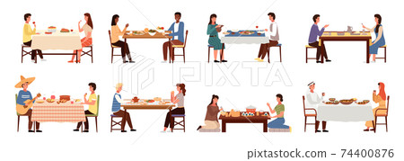 Set of illustrations about world cuisines tasting. Couples on dates isolated on white background 74400876