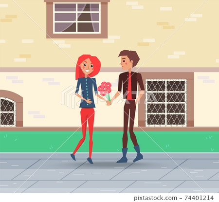 Couple walking on the street. People on date outdoors. The guy present the girl a bouquet of flowers Couple walking on the street. People on date outdoors. The guy present the girl a bouquet of flowers 74401214