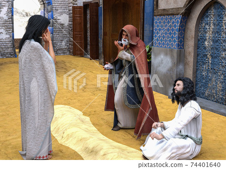 Image to biblical story, Jesus and adulteress. 3d rendering, 3d illustration. Image to biblical story, Jesus and adulteress. 3d rendering, 3d illustration. 74401640