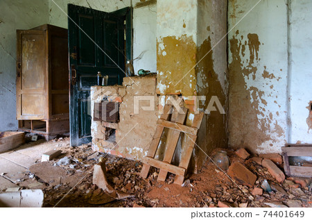 Devastation in premises of veterinary laboratory in resettled village of Pogonnoye in Chernobyl exclusion zone, Belarus 74401649