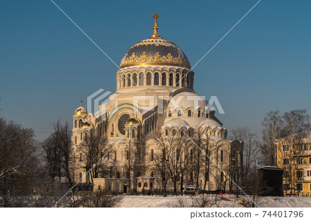Russia. Kronstadt. St. Nicholas Sea Cathedral on a frosty February day. Russia. Kronstadt. St. Nicholas Sea Cathedral on a frosty February day. 74401796