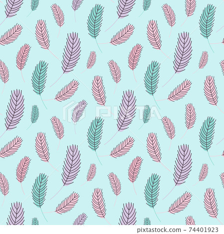 Bird feathers seamless pattern. Easter pattern with chicken feathers. Vector flat illustration. Design for textiles, packaging, wrappers, greeting cards, paper, printing. Bird feathers seamless pattern. Easter pattern with chicken feathers. Vector flat illustration. Design for textiles, packaging, wrappers, greeting cards, paper, printing. 74401923